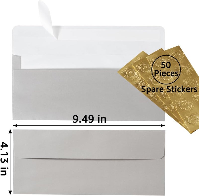 Wishop 50 Pack Shiny #10 Business Envelopes Self Seal Standard Envelopes with Gold Stickers for Office Checks, Business Cards, Letter Mailing Invoices, 4.13 x 9.49 Inches (Silver) - Image 2